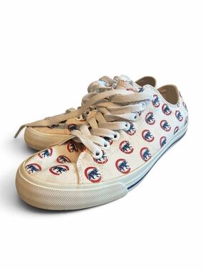 Women’s White Canvas Sneakers with Red & Blue Graphic Accents